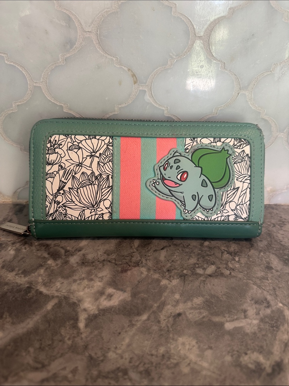 Pokemon Wallet Teal Pink Coral Green Stripe Floral